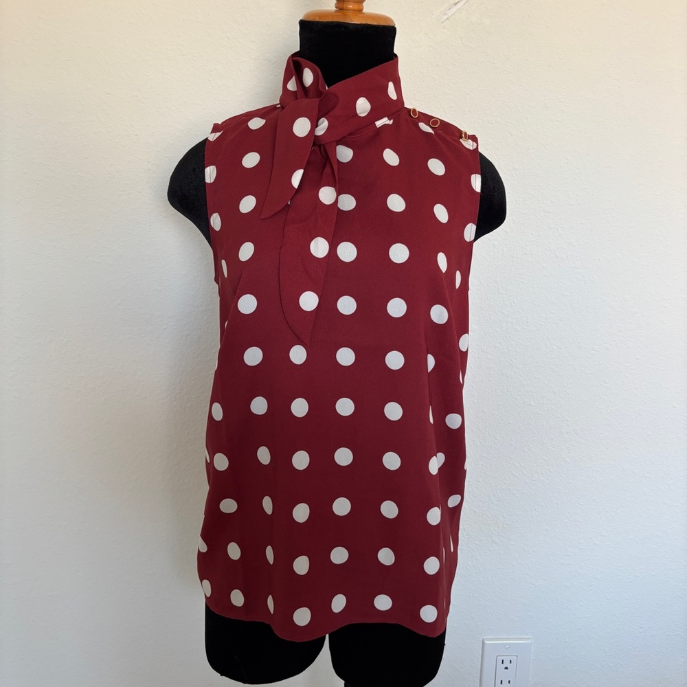 Ann Taylor Burgundy Polka Dot Sleeveless Blouse with Neck Tie